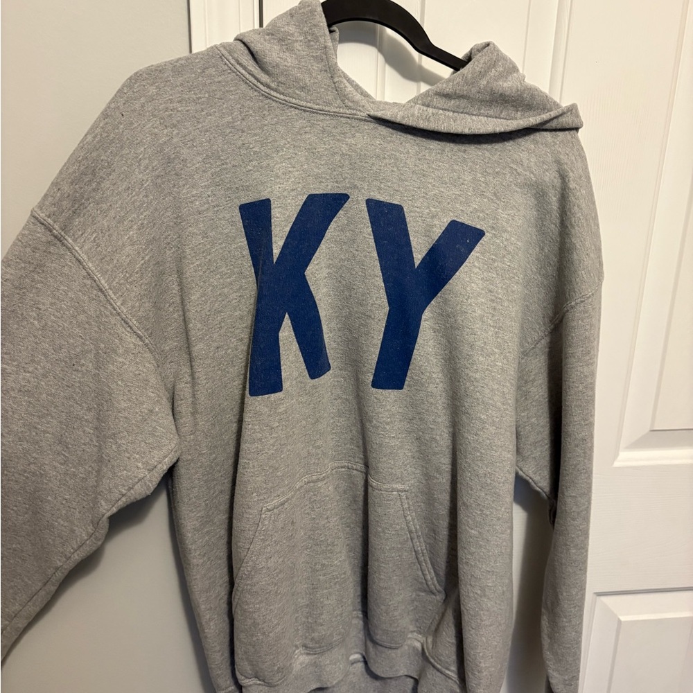 Gildan Heavy Blend Gray Hoodie with Blue Letters